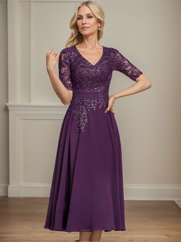 A-Linien V-Ausschnitt Tea-Length Spitzen-Chiffon Kleid für die Mutter der Braut mit Pailletten