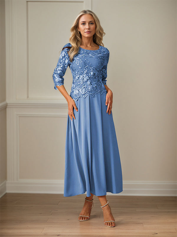 Robe mère de la mariée maxi en dentelle froncée ligne A col rond à volants