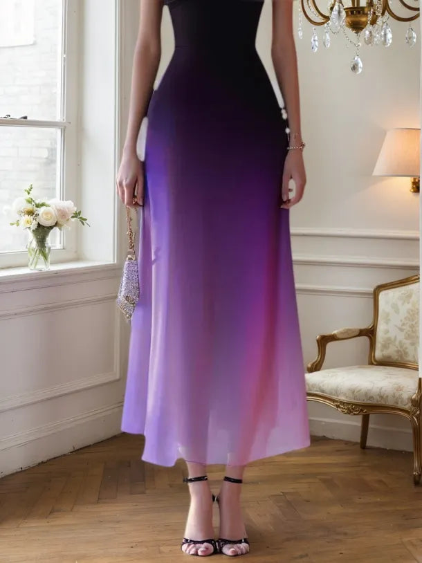 Abito lungo a linea ad A in chiffon viola sfumato con una spalla e senza maniche