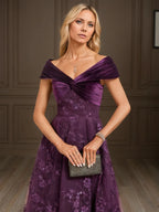 A-line Off the Shoulder Asymmetrical Velvet Lace Evening Dress With Pleated Sequins