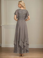 Vestido de Mãe da Noiva Linha A de Chiffon com Decote V, Mangas Curtas e Babados