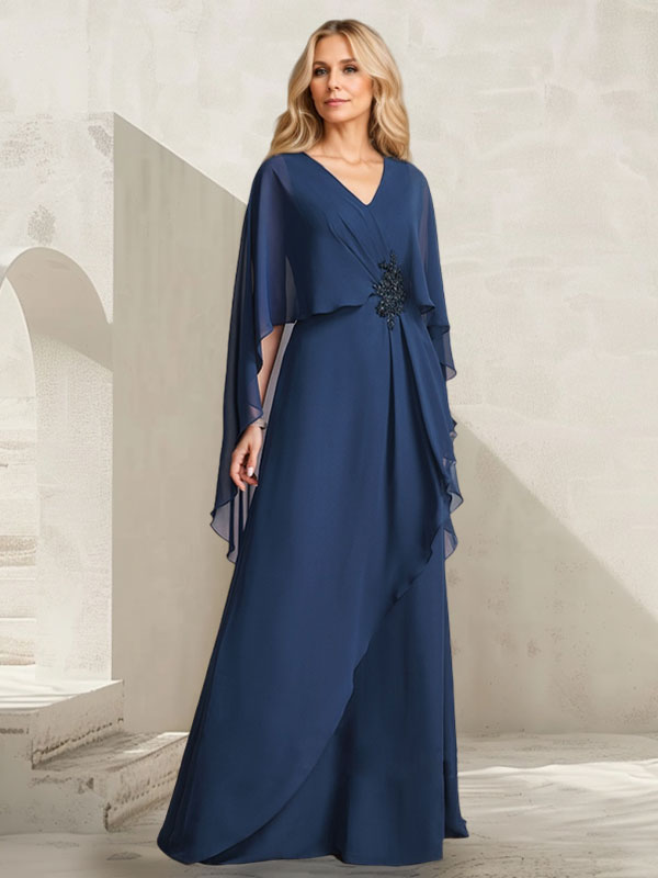 Vestido largo línea A de gasa para madre de la novia con escote en V, volantes en cascada y cuentas