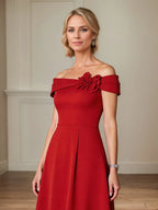 A Line 3D Floral Off the Shoulder Tea Length Mother of the Bride Dress