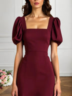 Evening Formal Dress Burgundy Square Neck Maxi Dress