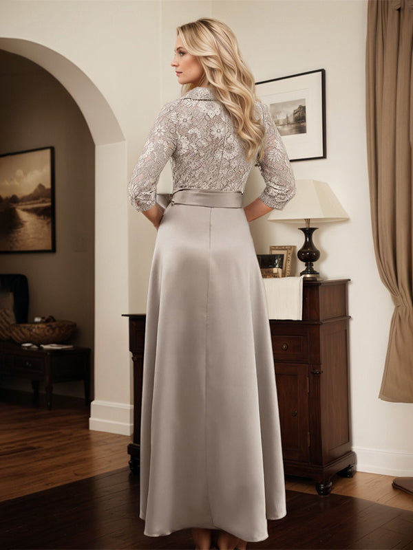 Vestido Clássico de Mãe da Noiva em Cetim com Decote V e Laço, com Renda