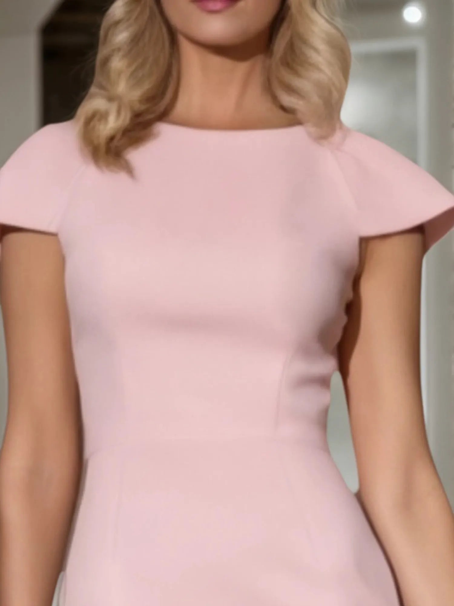 Vestido para convidada de casamento de outono rosa, midi sereia tipo tubinho com decote redondo
