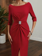 Vestido maxi rojo fruncido con escote off the shoulder y mangas tres cuartos