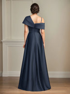 A Line Asymmetrical Floor-Length Satin Mother of the Bride Dress With Pleated