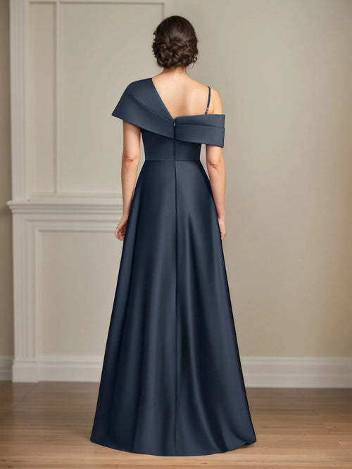 A Line Asymmetrical Floor-Length Satin Mother of the Bride Dress With Pleated