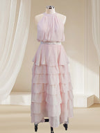 A Line Pink Chiffon Halter Neck Sleeveless Ankle Length Dress With Cascading Ruffles
