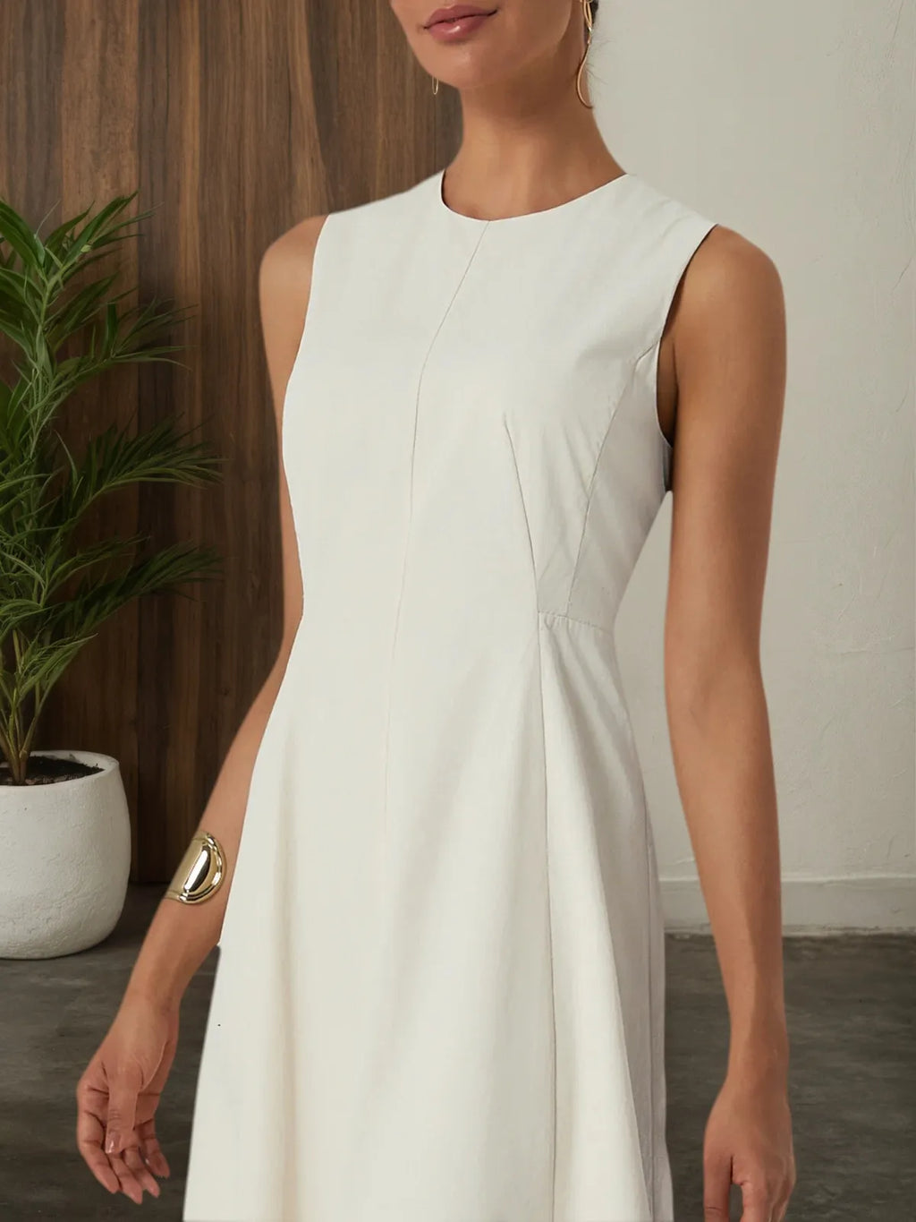 Robe midi abricot en lyocell coton, col rond, sans manches, ligne A