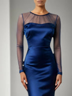Marineblaues formelles Meerjungfrau Kleid mit transparenten Ärmeln Satin Maxikleid