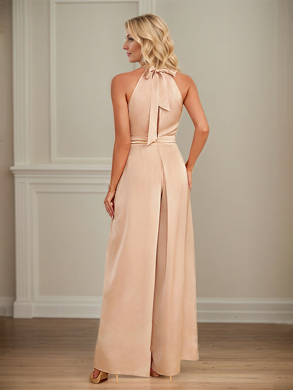 Jumpsuits Neckholder bodenlanges Satin Hochzeitskleid