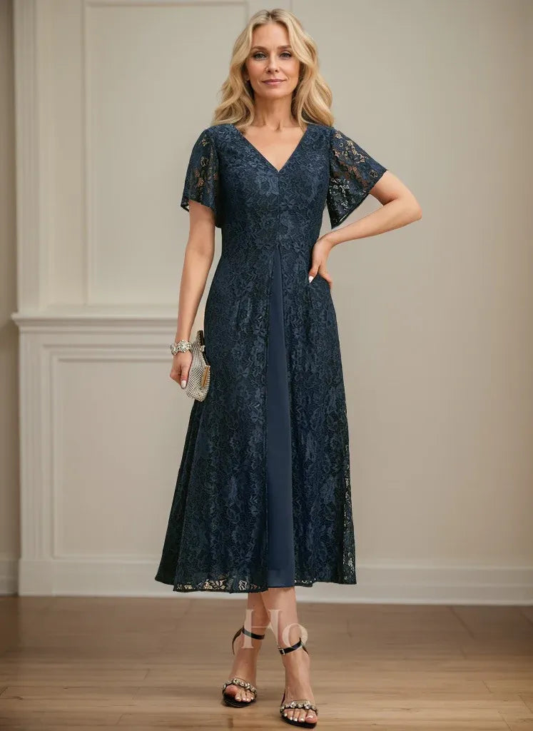 A-Linien V-Ausschnitt tea-langes Spitzen-Chiffon-Mutter-der-Braut-Kleid