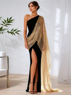 One-Shoulder Velvet & Gold Sequin Cape Maxi Gown with High Slit Formal Evening Dress