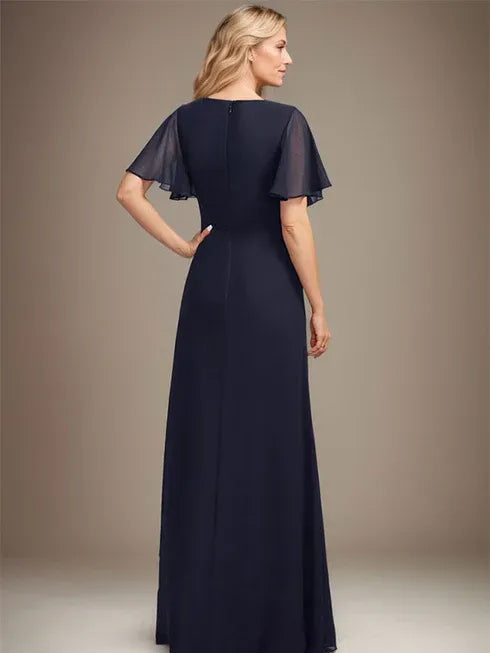 A-Linien asymmetrisches bodenlanges Chiffon Mutter-der-Braut-Kleid mit plissierten Perlen und Pailletten