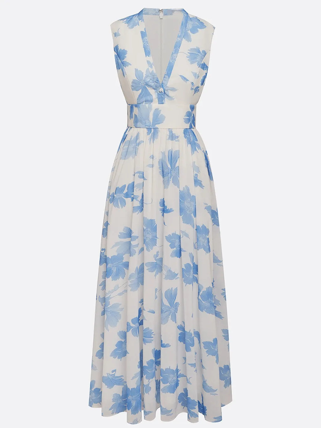 Robe maxi ligne A bleu clair en chiffon à fleurs col en V sans manches