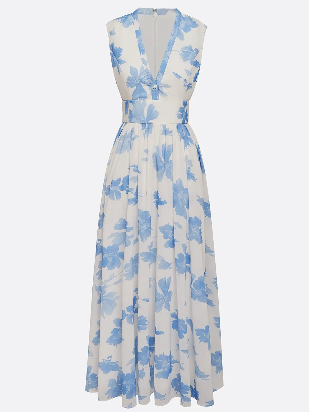 Robe maxi ligne A bleu clair en chiffon à fleurs col en V sans manches