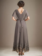 A-Linien-Kleid mit V-Ausschnitt, asymmetrischer Spitze, Chiffon, Mutter der Braut, mit Plisseefalten