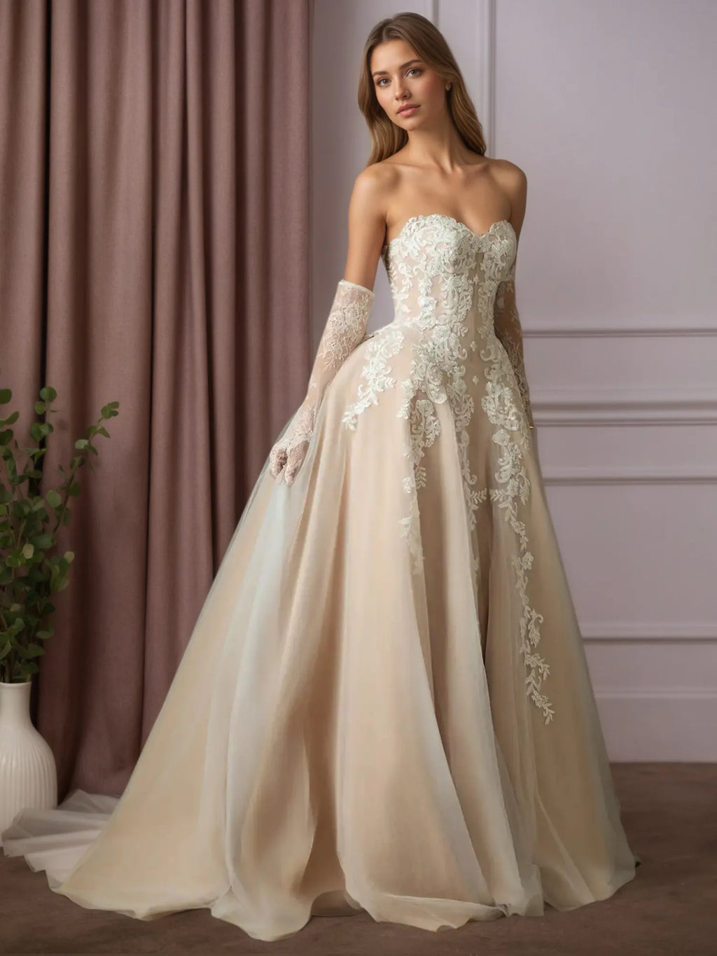 Abito da sposa bianco champagne a gonna ampia senza spalline in pizzo