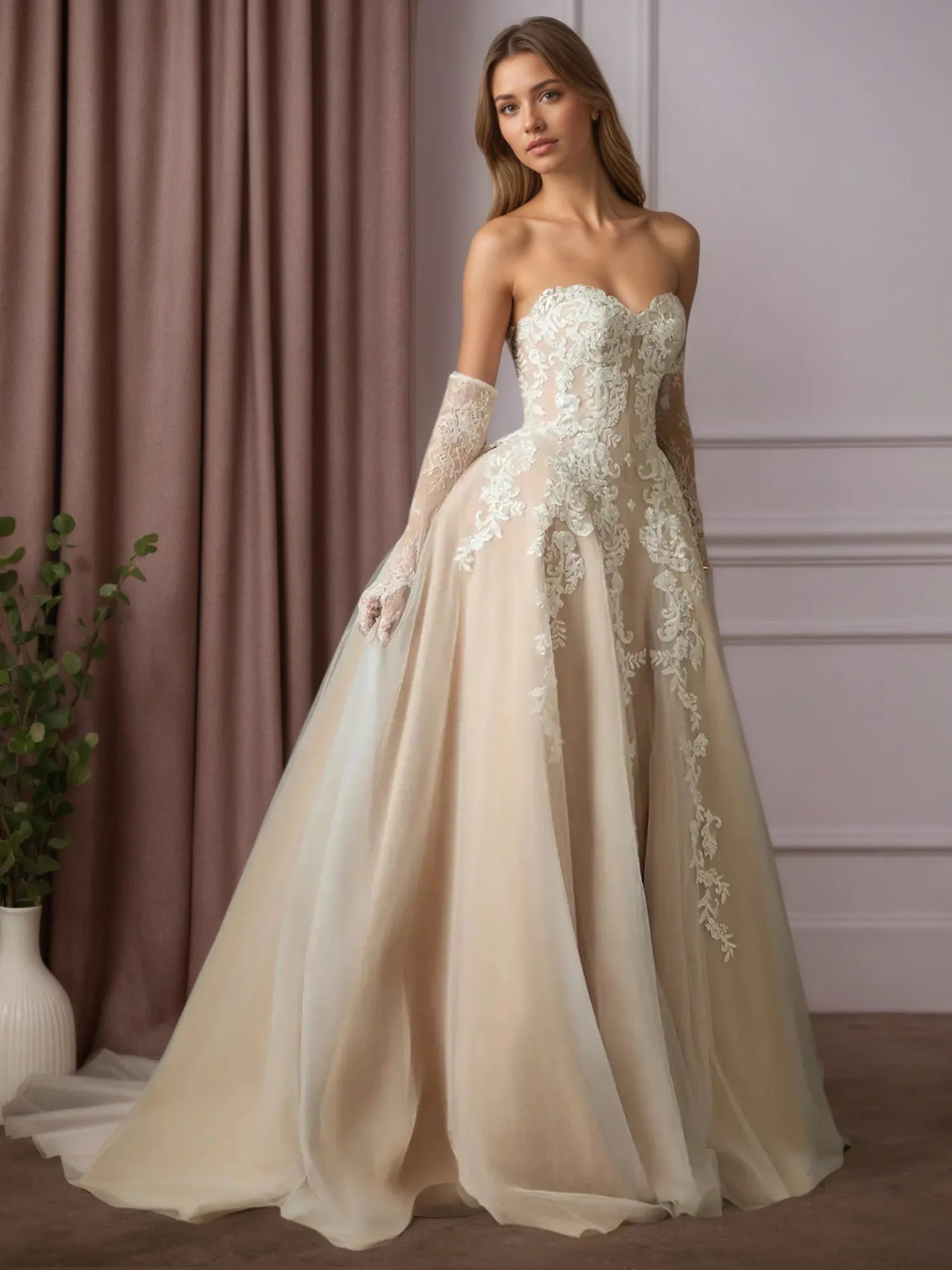 Abito da sposa bianco champagne a gonna ampia senza spalline in pizzo