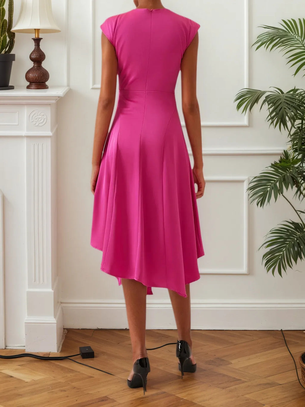 Vestido midi rojo rosa fruncido con cuello simulado y manga corta