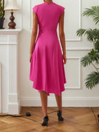 Vestido midi rojo rosa fruncido con cuello simulado y manga corta