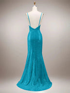 Robe de bal longue sirène verte à bretelles spaghetti scintillantes avec fente