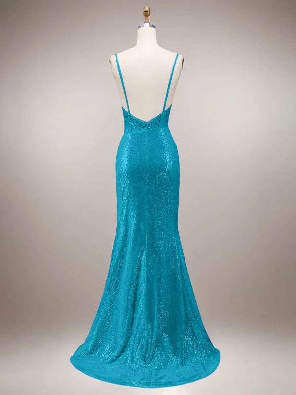 Robe de bal longue sirène verte à bretelles spaghetti scintillantes avec fente
