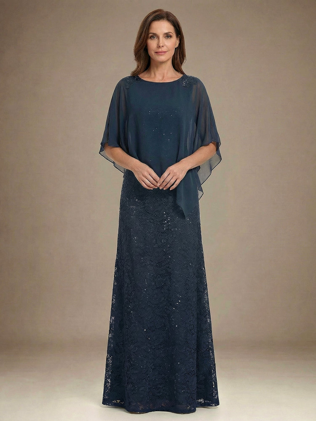 Sheath/Column Scoop Floor-Length Chiffon Lace Mother of the Bride Dress With Sequins Beading