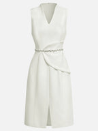 White V Neck Sleeveless Rhinestone A-Line Midi Dress