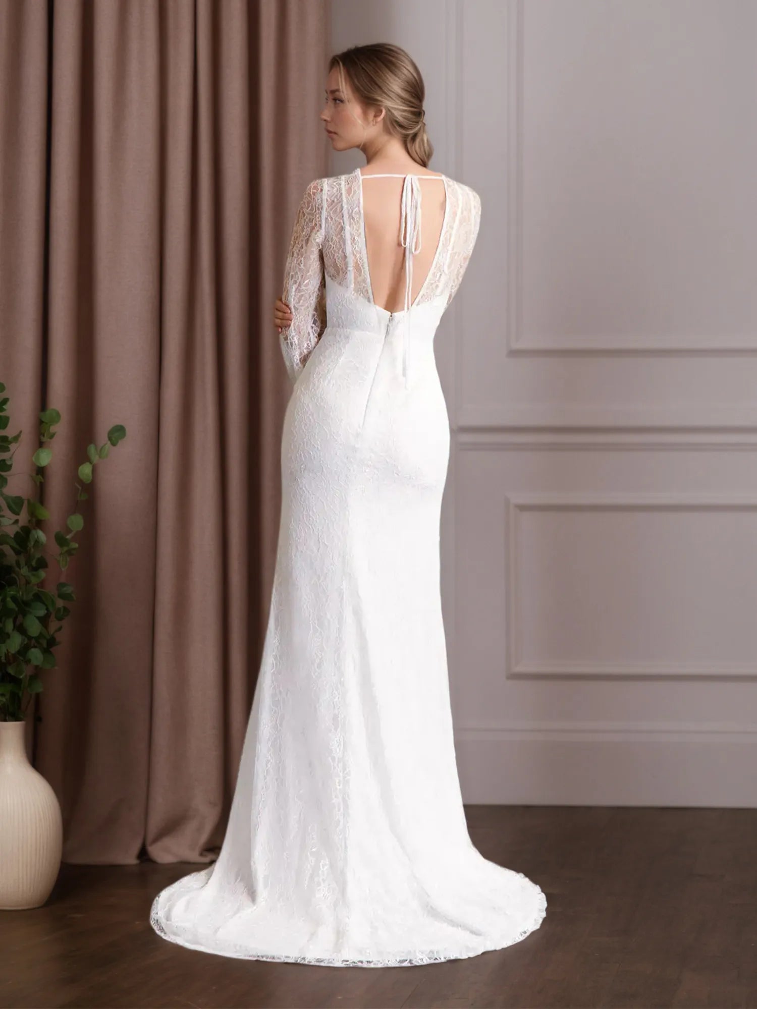Vestido de novia blanco sirena con escote redondo y encaje