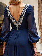 Navy A Line Long Sleeves Long Mother of the Bride Dress with Slit
