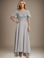 A-Linien Kleid mit Scoop-Ausschnitt, Illusion, asymmetrischem Chiffon und Spitzen, Mutter-der-Braut-Kleid mit Perlenbesatz
