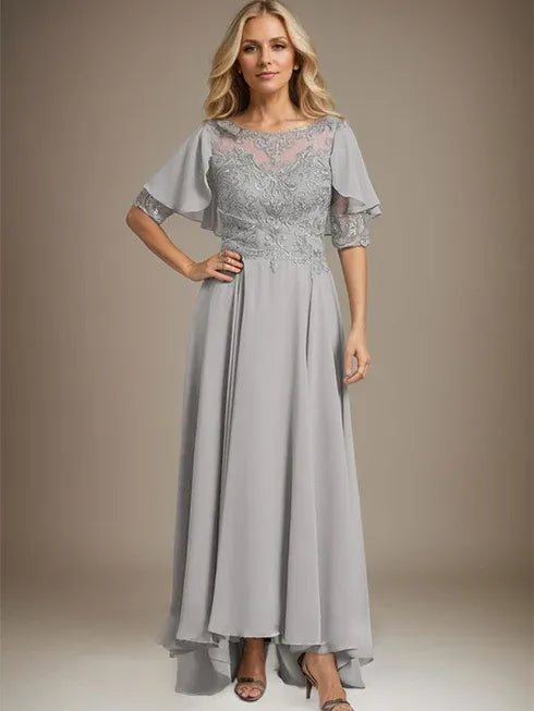 A-Linien Kleid mit Scoop-Ausschnitt, Illusion, asymmetrischem Chiffon und Spitzen, Mutter-der-Braut-Kleid mit Perlenbesatz