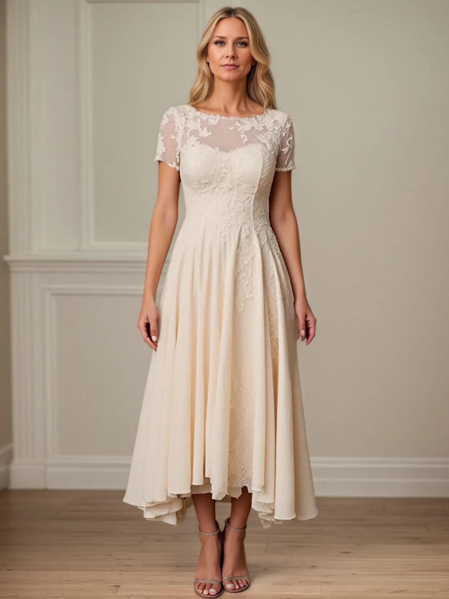 A-Linien Rundhals Kurzarm Chiffon Kleid für die Brautmutter