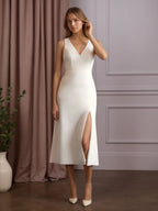 White A-Line V-Neck Bow Stretch Crepe Dress