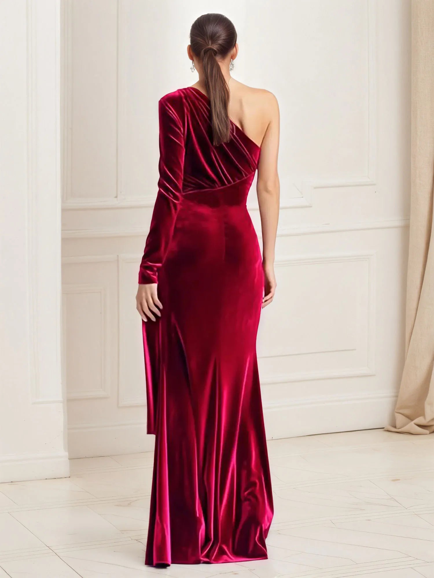 Sheath/Column One Shoulder Long Sleeve Ruched Velvet Floor Length Evening Dress