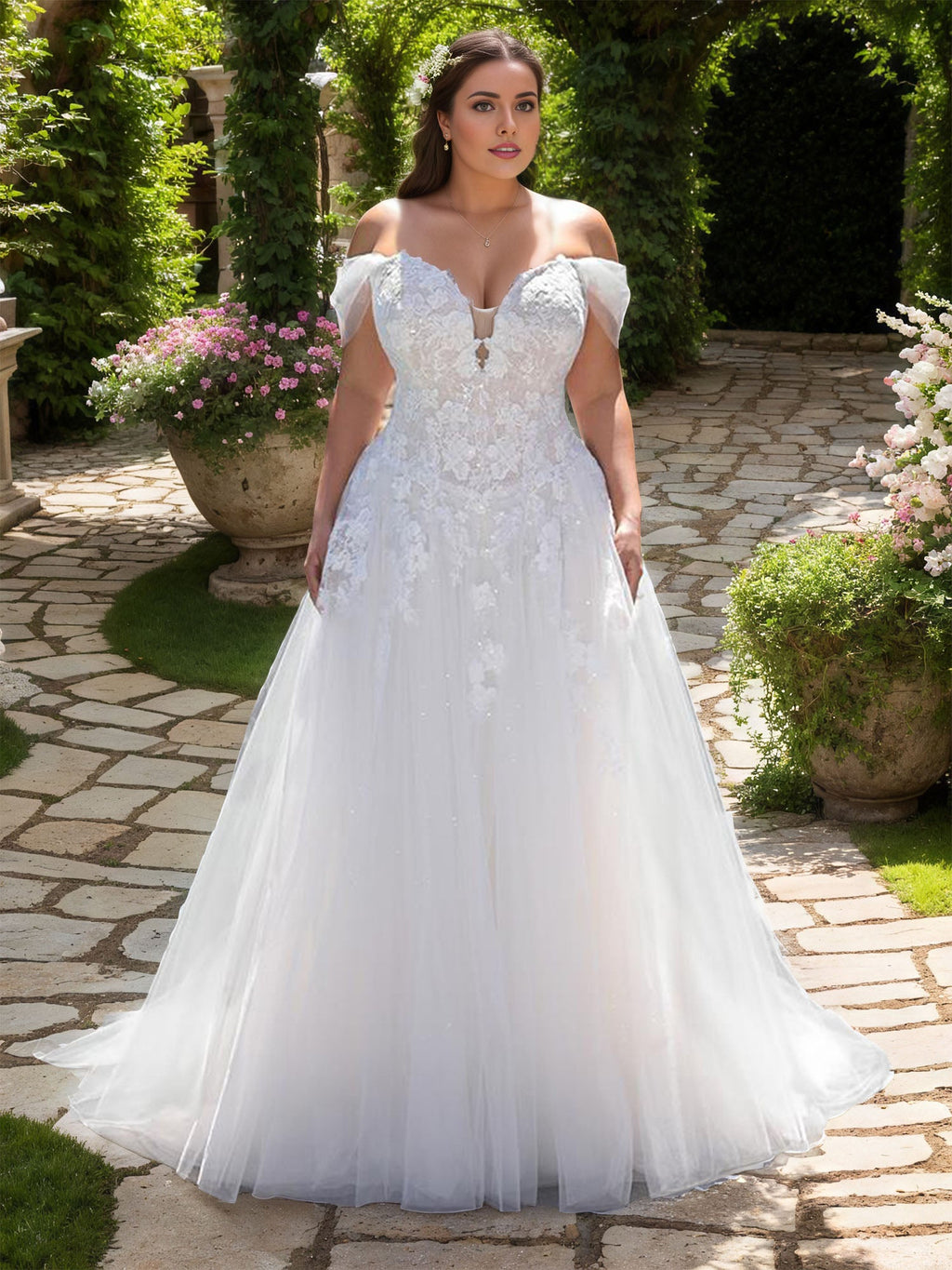 Off the Shoulder Wedding Gowns Plus Size Applique Wedding Dress