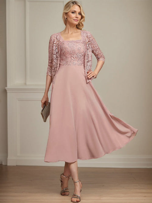 Robe de mère de la mariée en mousseline et dentelle ligne A longueur thé avec perles et sequins