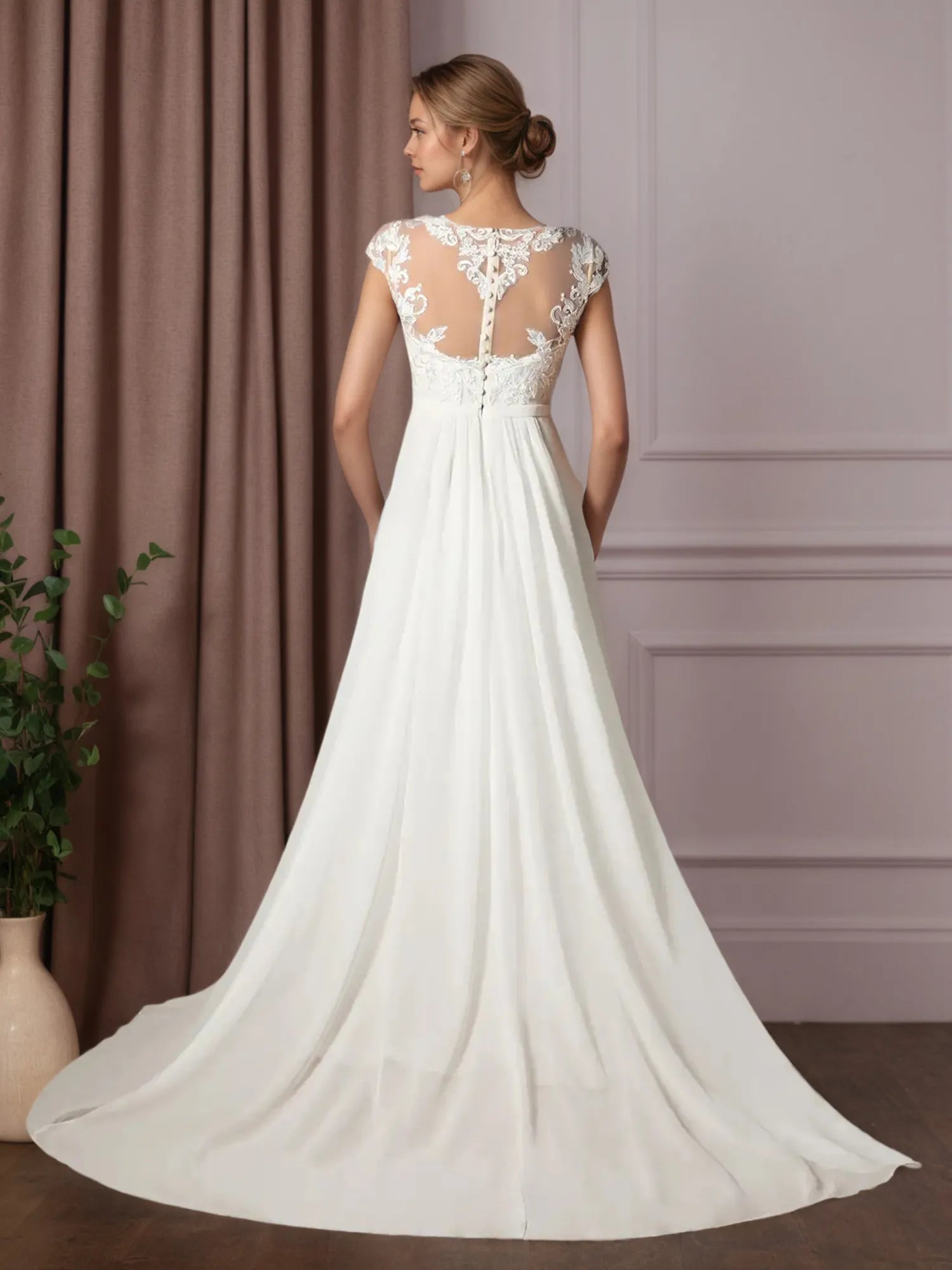 Vestido de novia línea A blanco con escote redondo y lentejuelas de gasa