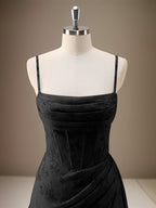 Black Sheath Spaghetti Straps Pleated Long Bridesmaid Dress with Slit