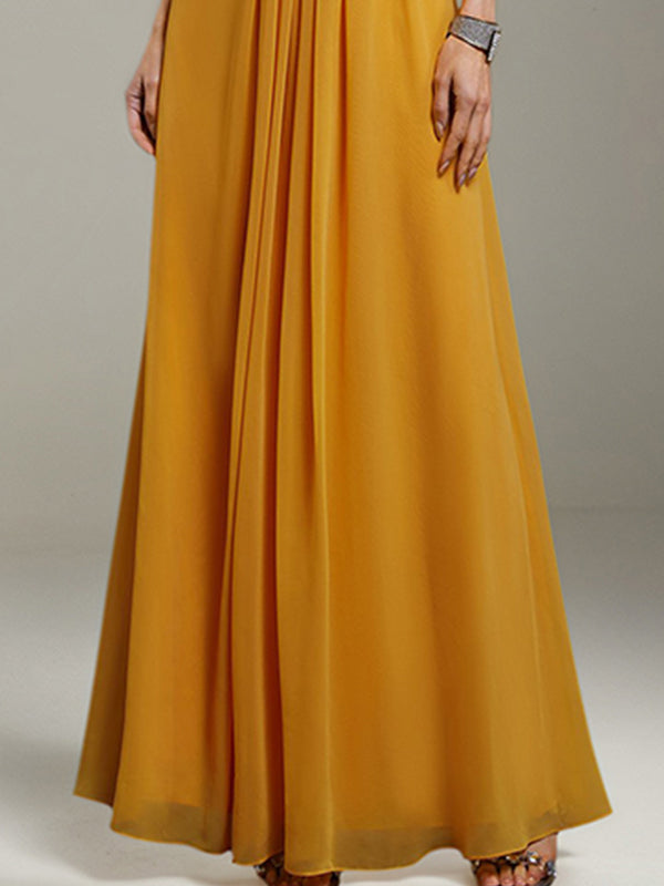 Robe longue jaune en chiffon, coupe trapèze, col croisé, sans manches