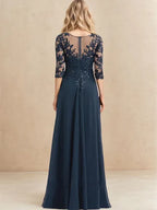 A-Linien V-Ausschnitt Bodenlanges Spitzen-Chiffon Kleid für die Brautmutter mit Pailletten