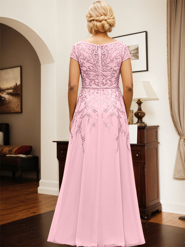 Zuckriges Pinkes A-Linien Kleid mit U-Boot-Ausschnitt, Chiffon, Mutter der Braut Kleid mit Applikationen