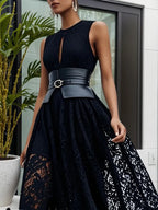 Robe maxi noire en dentelle ajourée col rond sans manches ligne A