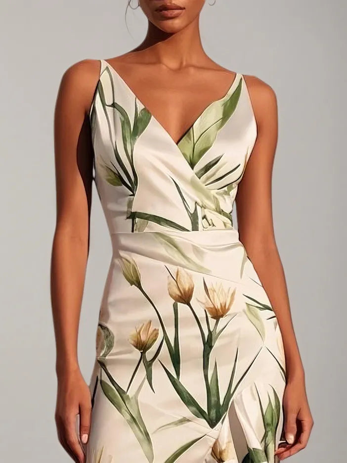Vestido midi de satén marfil con escote en V y corte sirena floral