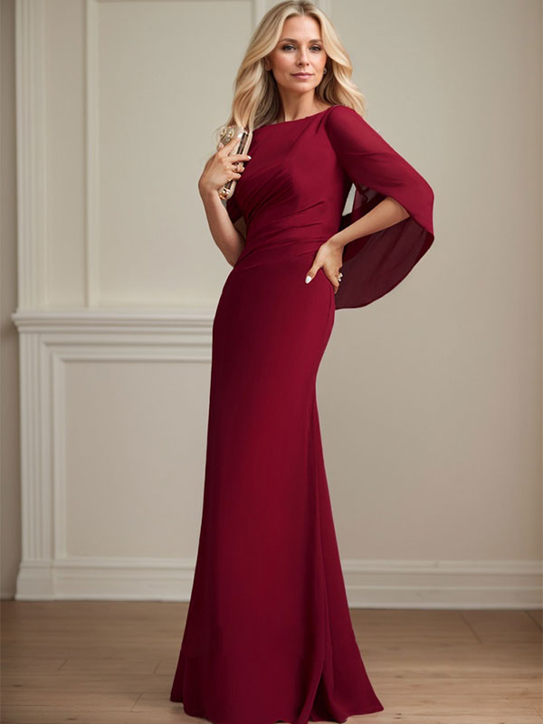 Vestido de madre de la novia trompeta/sirena de gasa con escote barco, largo hasta el suelo y plisado