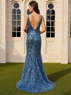Robe longue de bal bleu acier à sequins avec plumes, fente