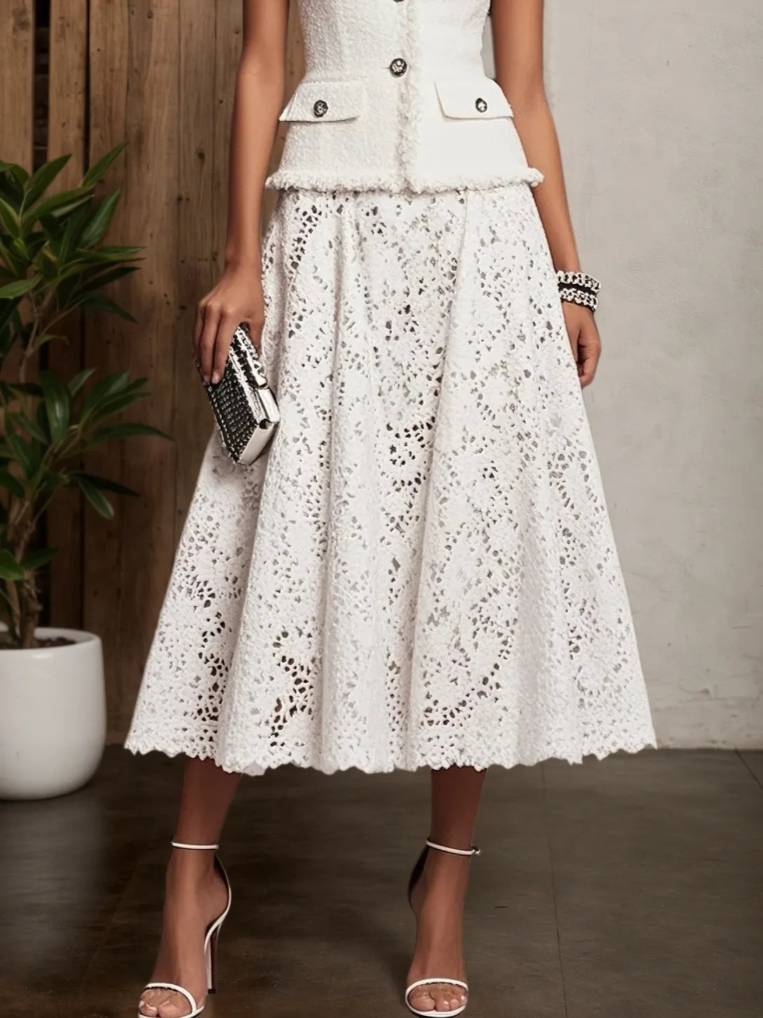 Damen Tweed Weißer Gürtel Tasche Gestepptes Rundhals Ärmelloses Elegantes Mantel-Kleid mit Rock Zweiteiler